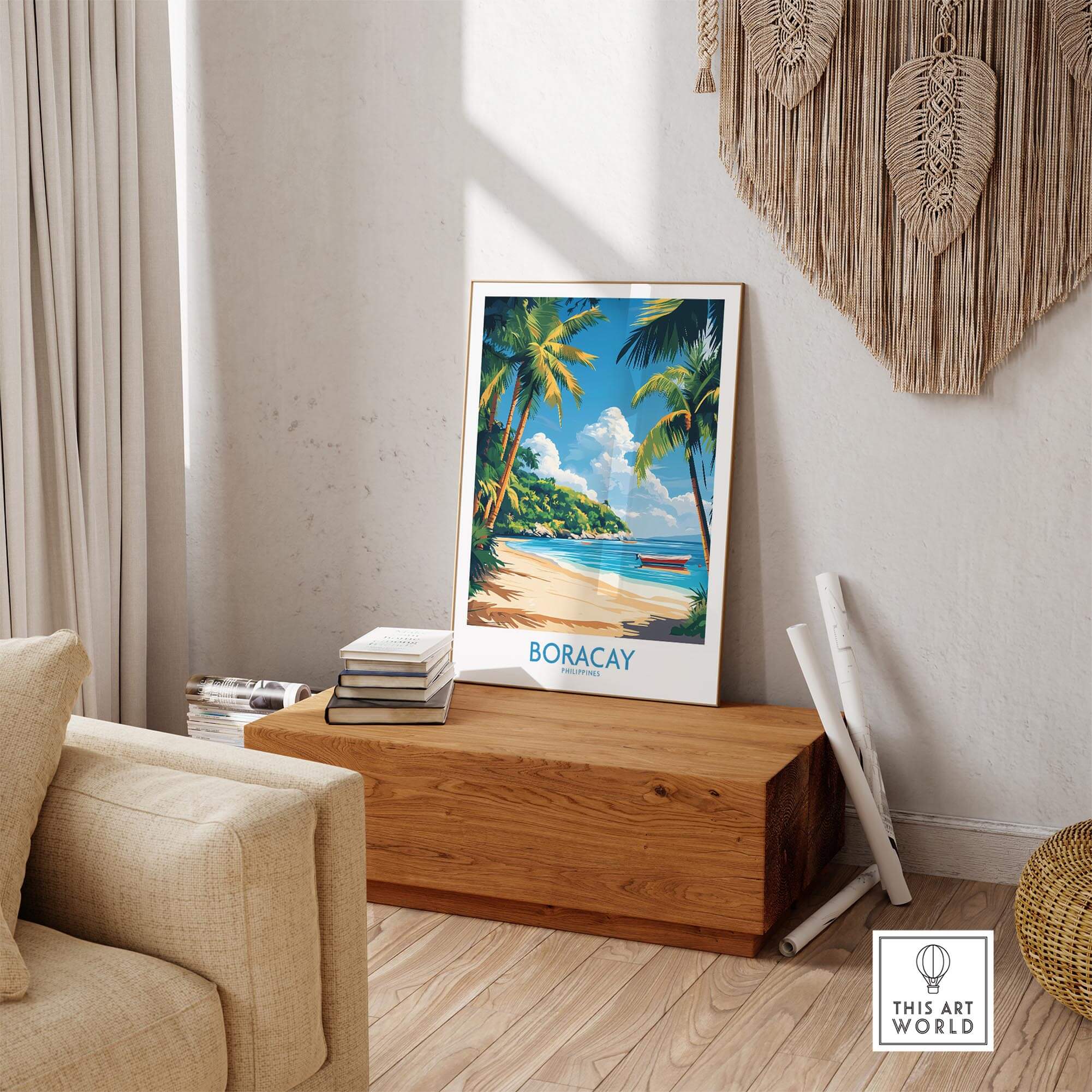 Boracay Philippines Wall Art Print featuring a tropical island scene with palm trees and a beautiful beach.