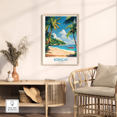 Boracay Philippines Wall Art Print featuring a beach scene with palm trees and a boat, perfect for home decor.
