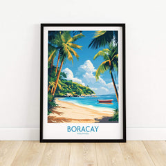 Boracay Philippines Wall Art Print featuring tropical beach scene with palm trees and a boat in a stunning landscape.