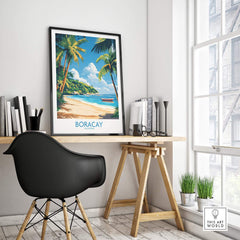Boracay Philippines Wall Art Print displayed in a modern workspace, featuring White Beach and tropical palm trees.