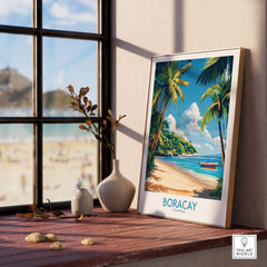 Boracay Philippines Wall Art Print displayed on a wooden table next to plants, showcasing a beautiful beach scene.