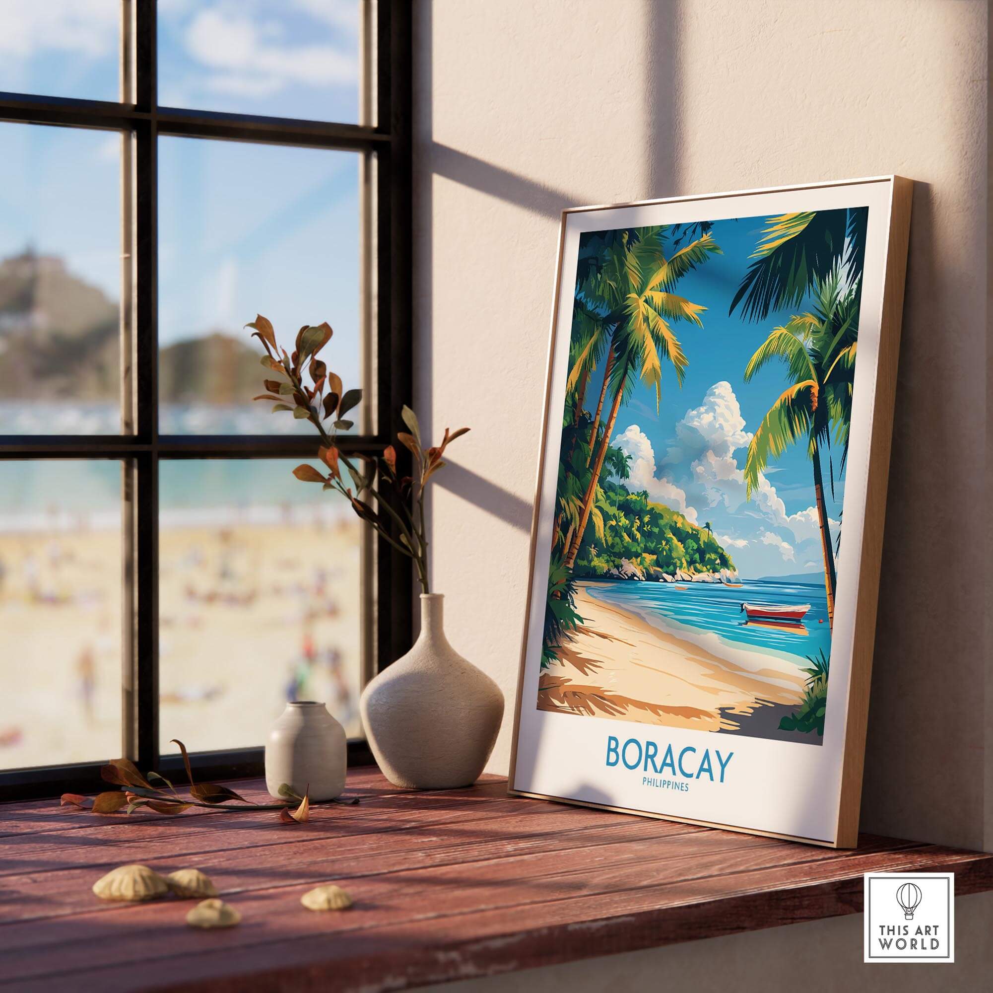 Boracay Philippines Wall Art Print displayed on a wooden table next to plants, showcasing a beautiful beach scene.