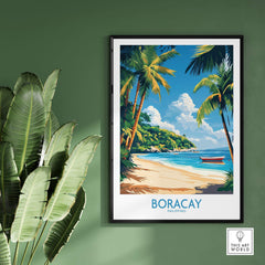 Boracay Philippines Wall Art Print featuring tropical beach scene with palm trees and a boat.