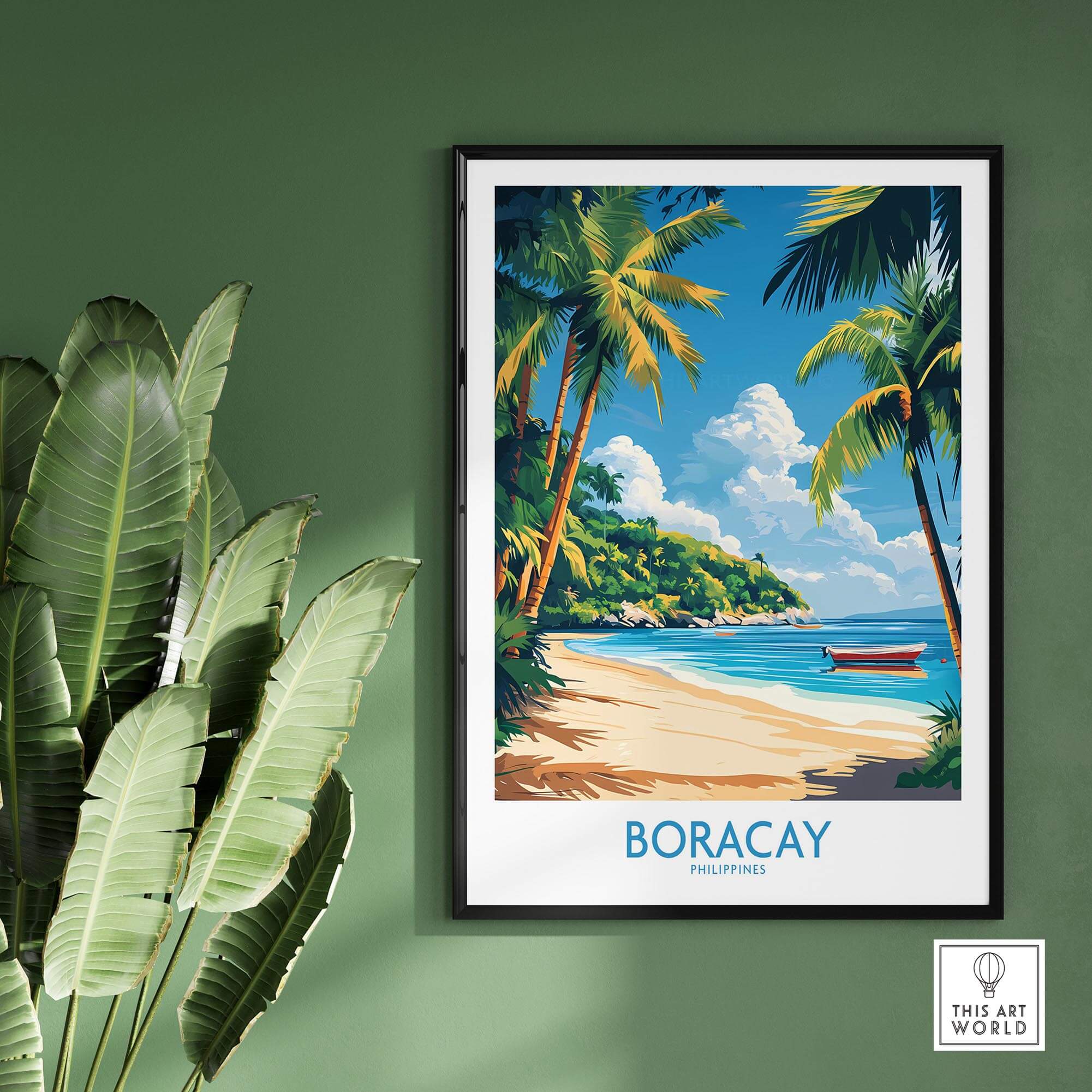 Boracay Philippines Wall Art Print featuring tropical beach scene with palm trees and a boat.