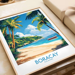 Boracay Philippines Wall Art Print featuring tropical beachscene with palm trees and a boat, perfect for home decor