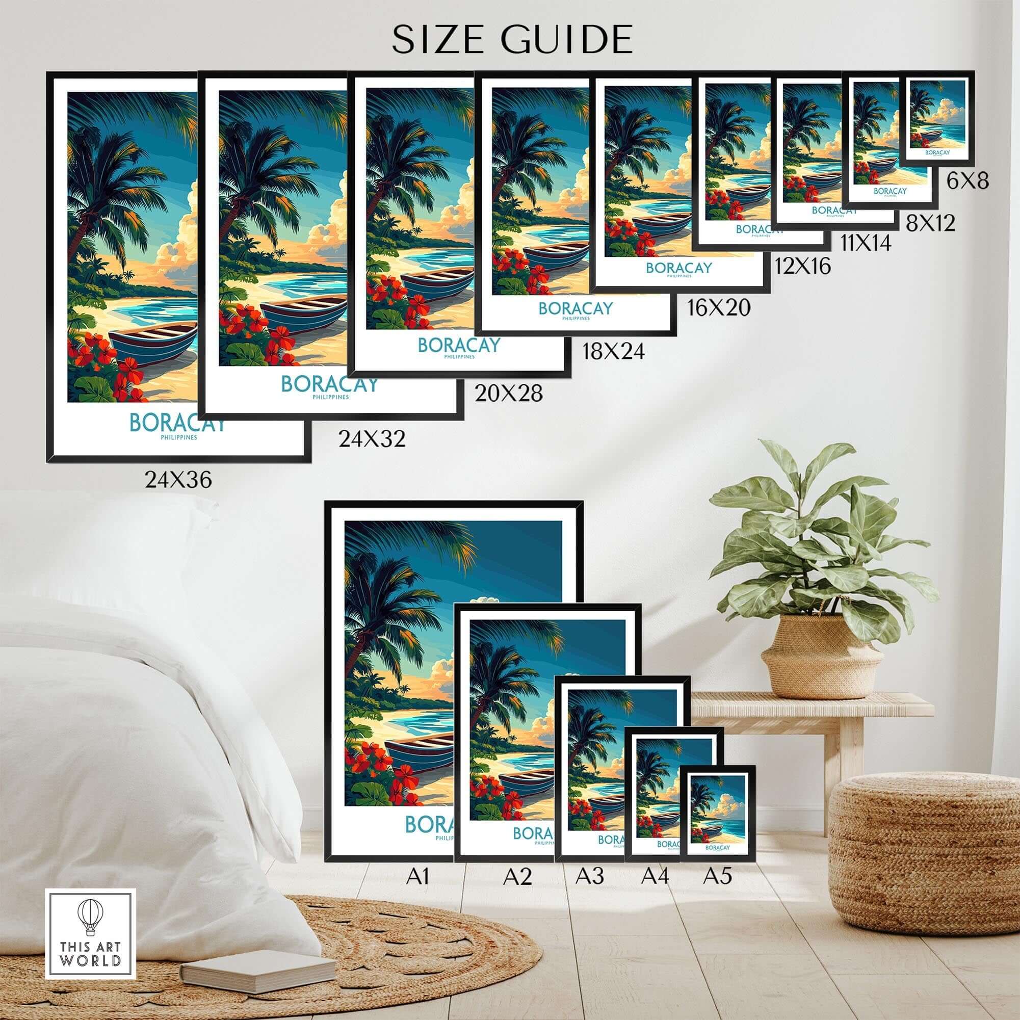 Size guide for Boracay Poster featuring various sizes and placement in a room with tropical decor.
