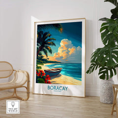 Boracay Poster featuring a tropical beach scene with a boat, palm trees, and vibrant colors.