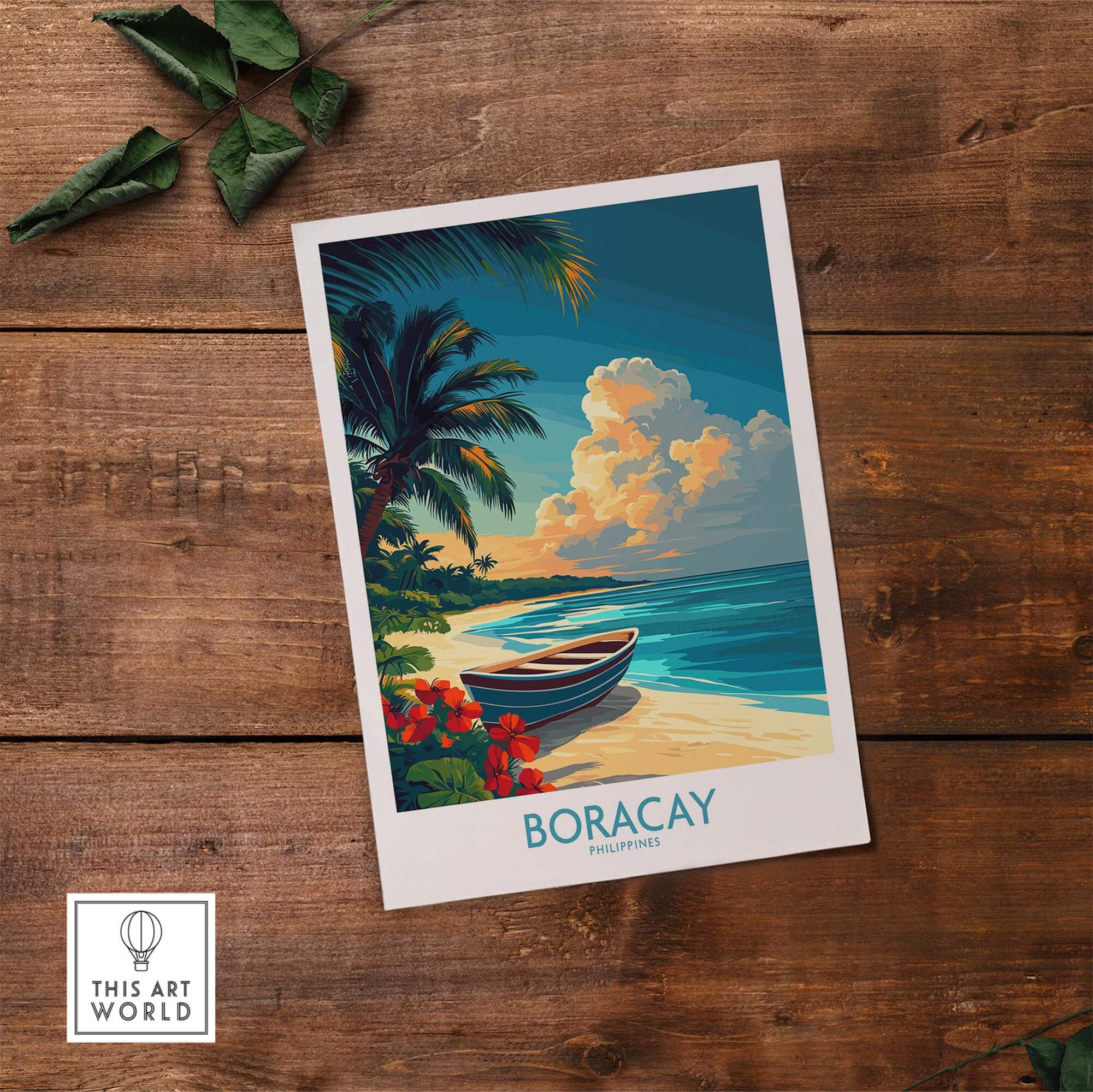 Boracay Poster showcasing a tropical beach scene with palm trees and a boat, evoking paradise and island vibes.