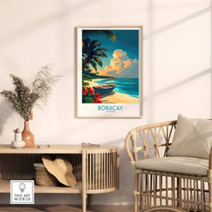Boracay Poster featuring a serene beach scene with palm trees and a boat, perfect for tropical home decor.