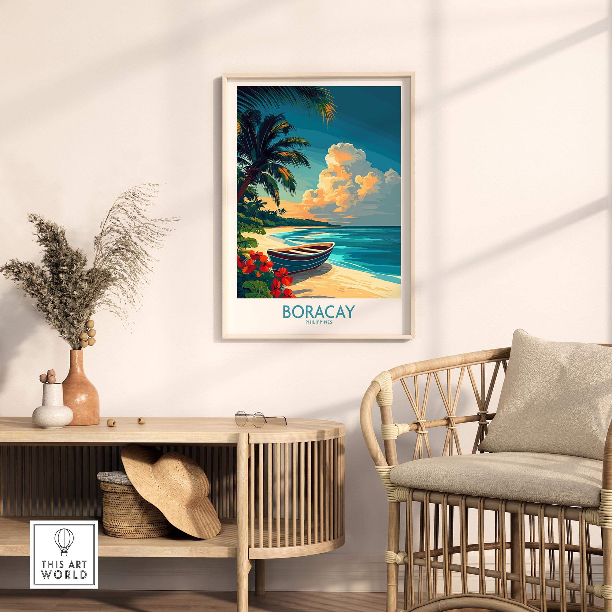 Boracay Poster featuring a serene beach scene with palm trees and a boat, perfect for tropical home decor.
