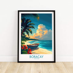 Boracay Poster featuring a serene beach scene with a boat and palm trees, bringing tropical paradise to your home decor.