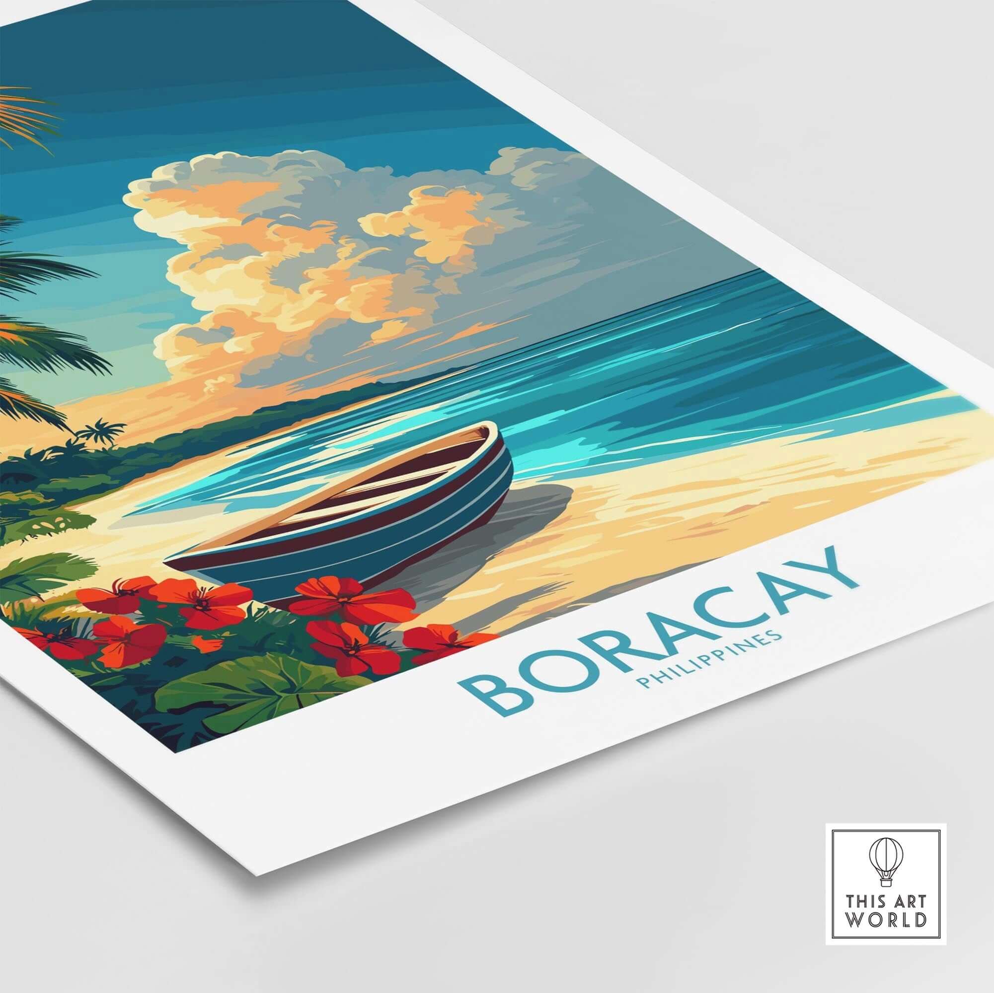 Boracay Poster featuring a tropical beach scene with flowers and a boat, perfect for home decor.