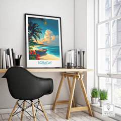 Boracay Poster featuring a tropical beach scene with palm trees and a boat in a stylish home office setting.