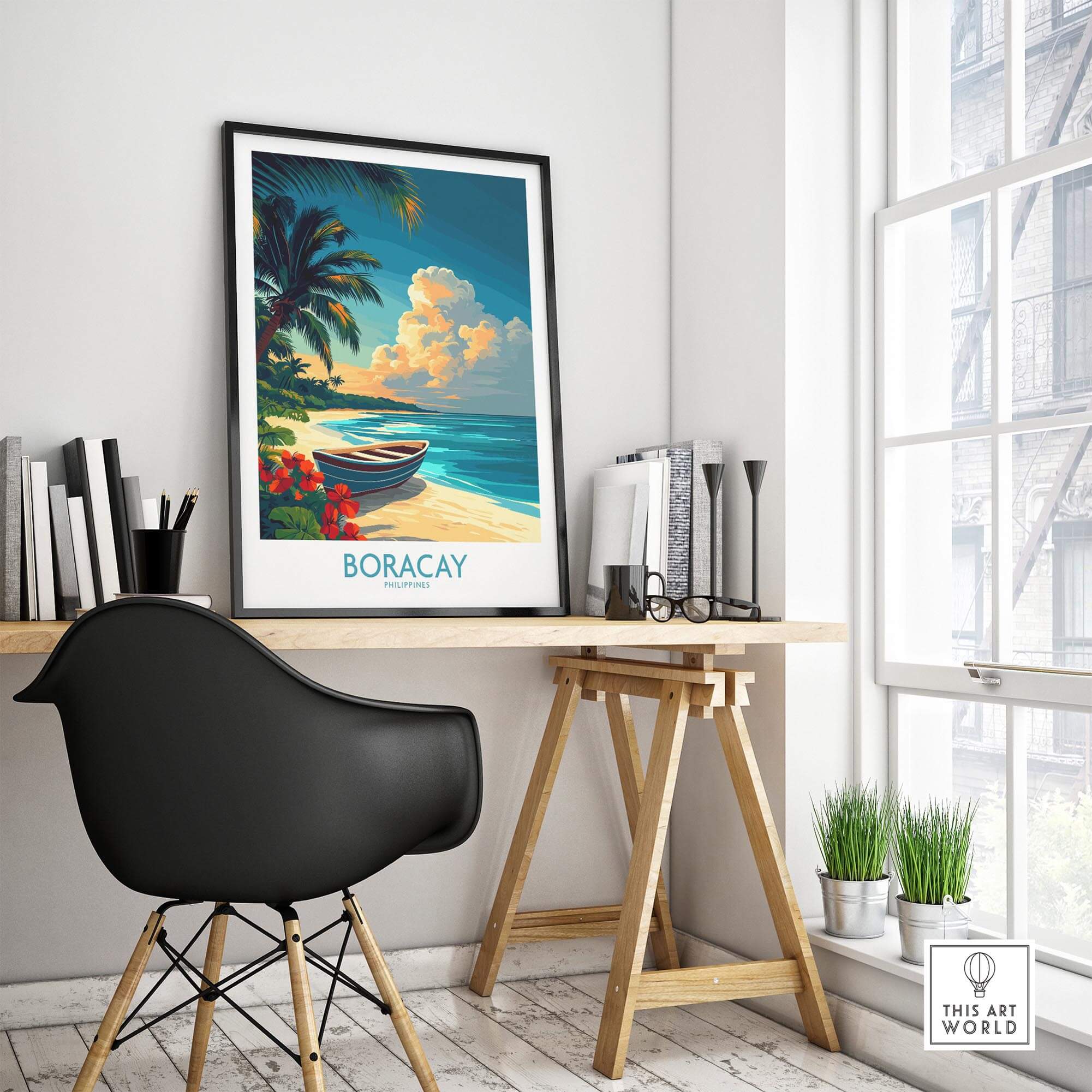 Boracay Poster featuring a tropical beach scene with palm trees and a boat in a stylish home office setting.