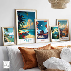 Boracay Poster displayed among tropical island wall art in a stylish home setting with other travel destinations.