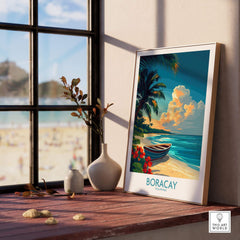 Boracay Poster featuring a tropical beach scene with a boat and palm trees, perfect for home decor.