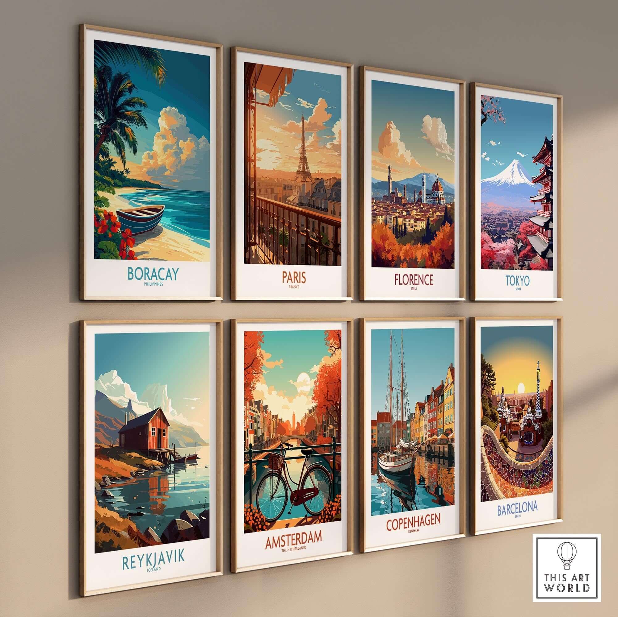Wall display of travel posters including Boracay Poster, showcasing various iconic cities and landscapes.
