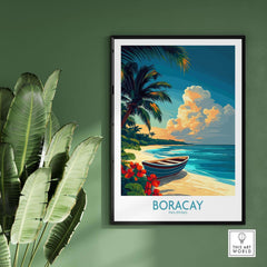 Boracay Poster featuring a tropical beach scene with palm trees and a boat against a vibrant sky.