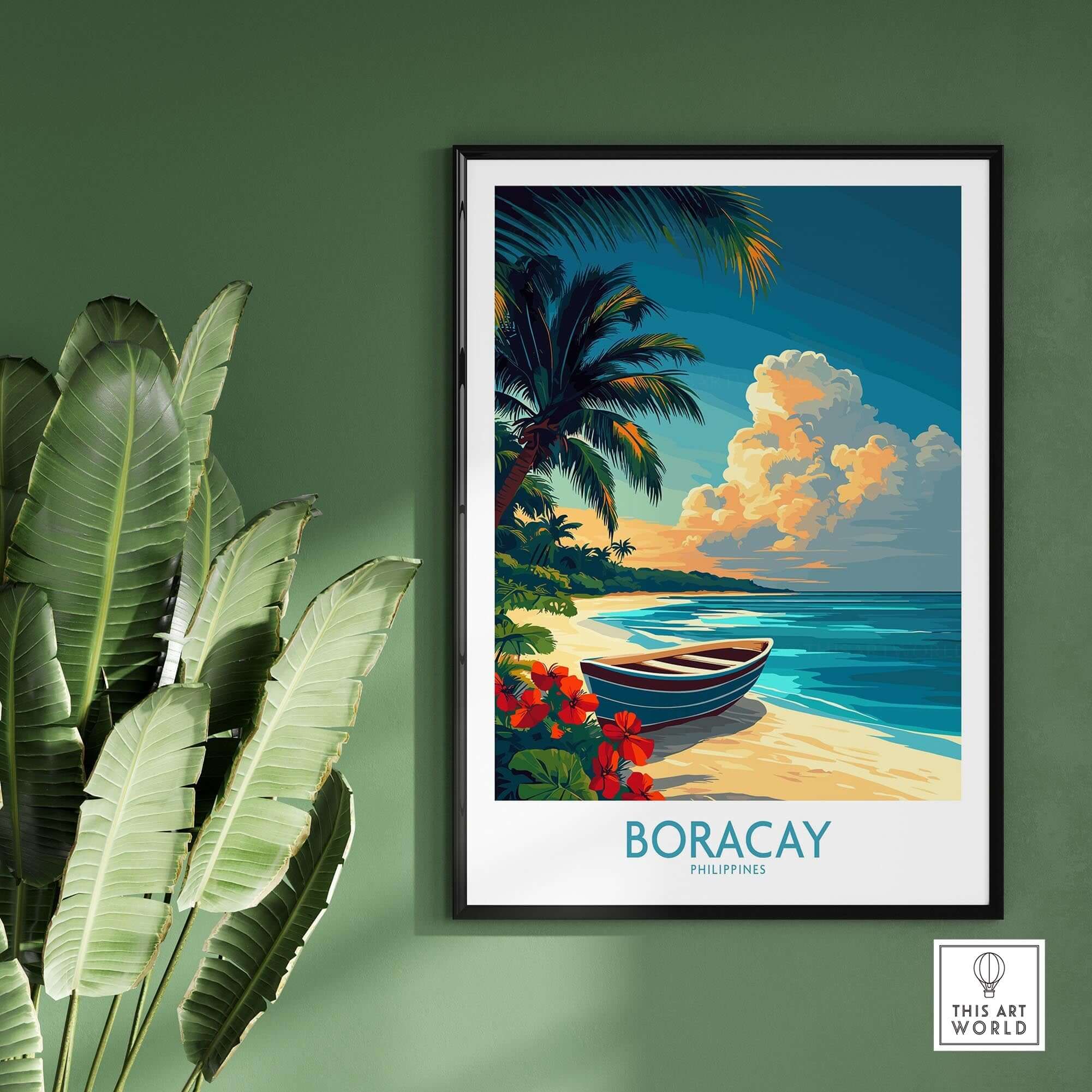 Boracay Poster featuring a tropical beach scene with palm trees and a boat against a vibrant sky.