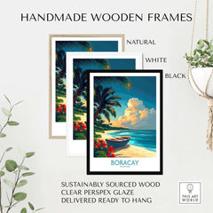 Boracay Poster displayed in handmade wooden frames: natural, white, and black options for wall art.
