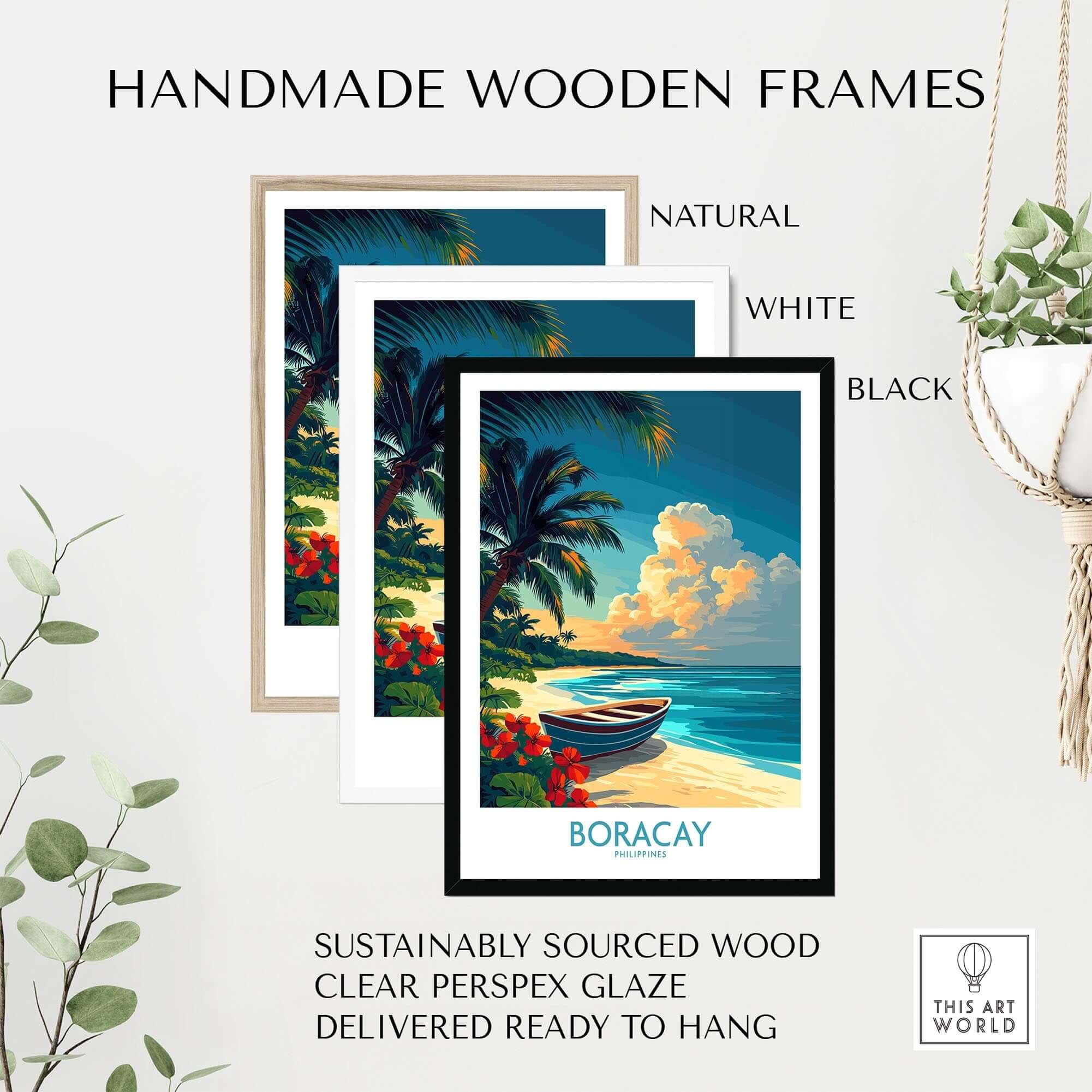 Boracay Poster displayed in handmade wooden frames: natural, white, and black options for wall art.