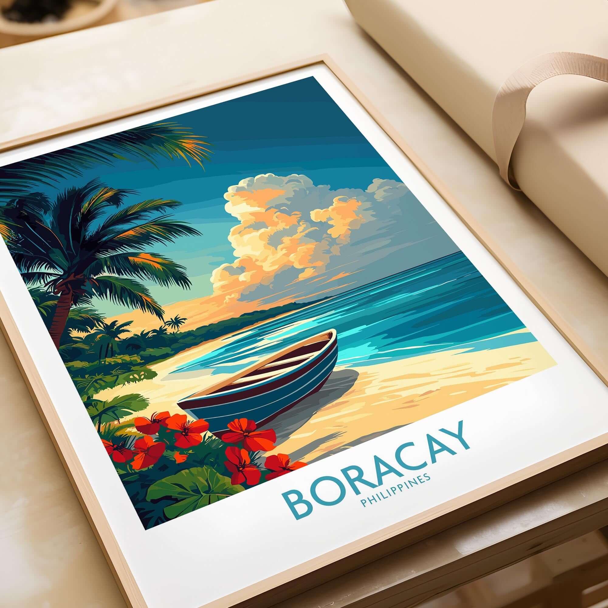 Boracay Poster featuring a tropical beach scene with a boat, palm trees, and vibrant flowers.