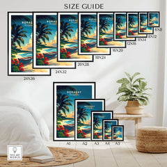 Size guide for Boracay Print wall art showcasing different frame sizes and styles.