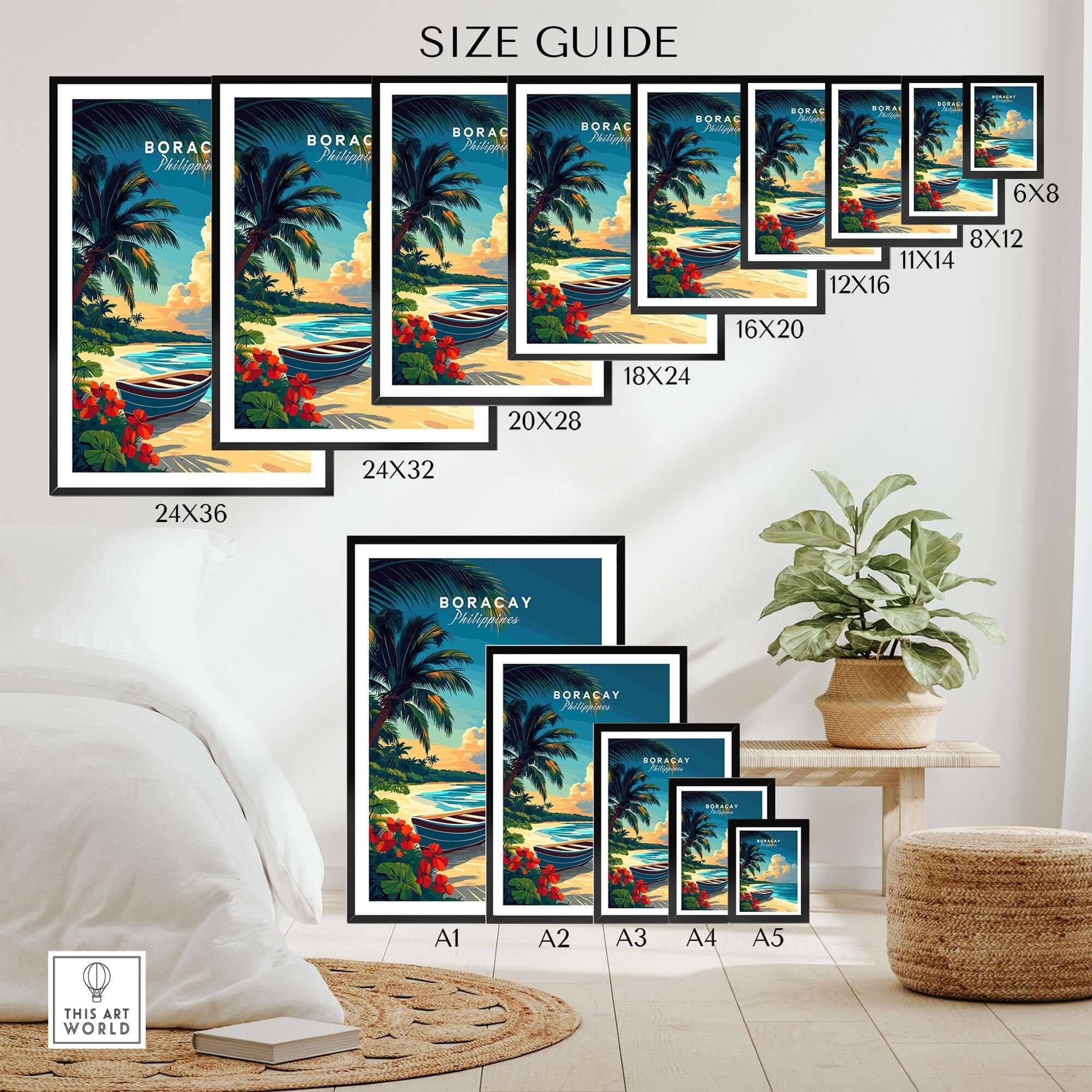 Size guide for Boracay Print wall art showcasing different frame sizes and styles.