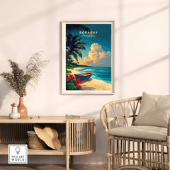 Boracay Print showcasing a tropical beach scene with a boat and vibrant foliage in a stylish home setting.