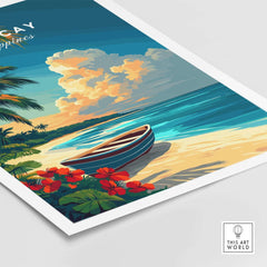 Boracay Print featuring a serene tropical beach scene with a boat and colorful flowers, perfect for beach lovers.