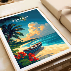Boracay Print featuring stunning tropical beach scene from Boracay Island, Philippines with palm trees and vibrant flowers.