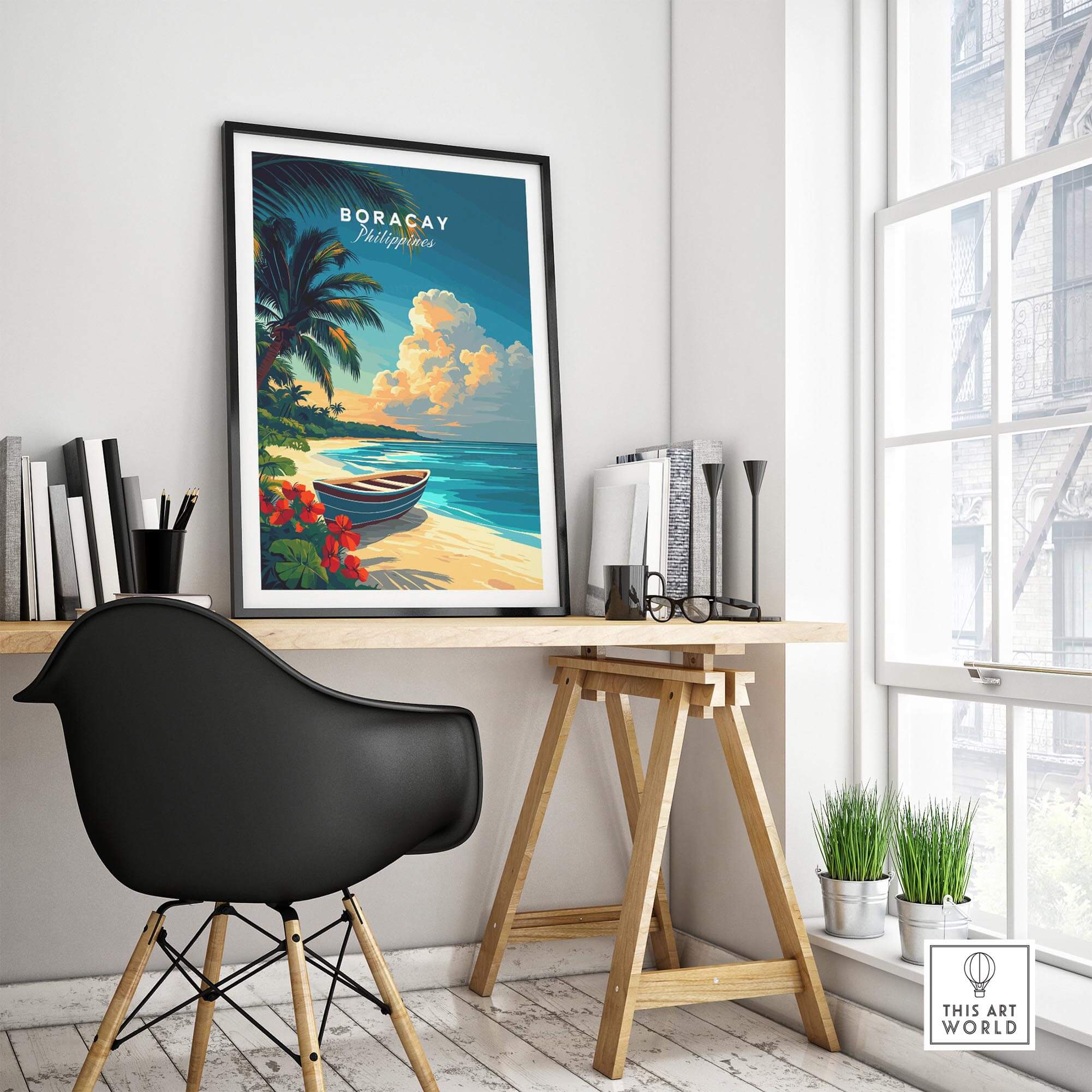 Boracay Print featuring stunning beach scenery from Boracay Island in a stylish indoor workspace