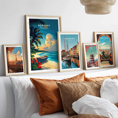 Colorful wall art display featuring Boracay Print and other travel destinations.
