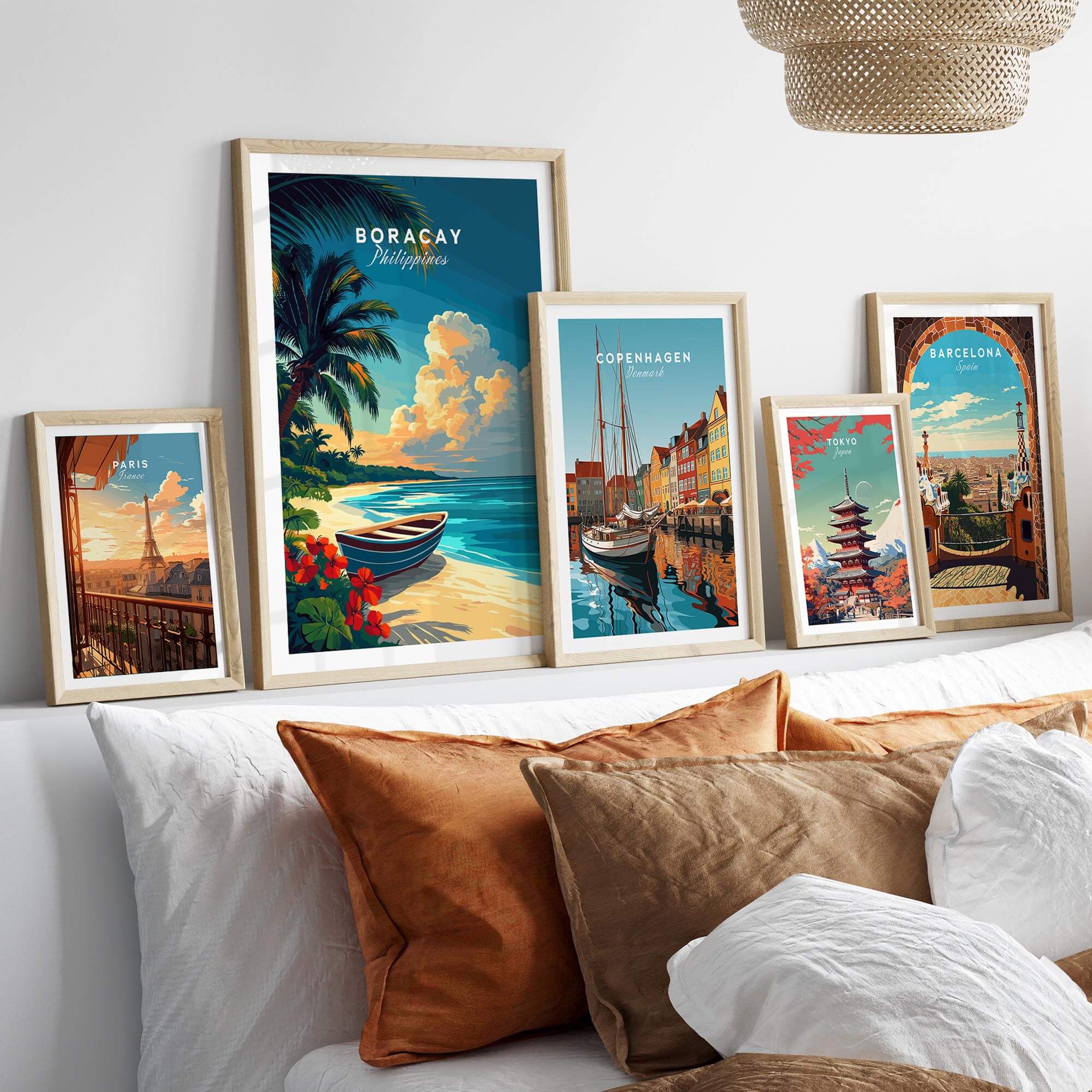 Colorful wall art display featuring Boracay Print and other travel destinations.