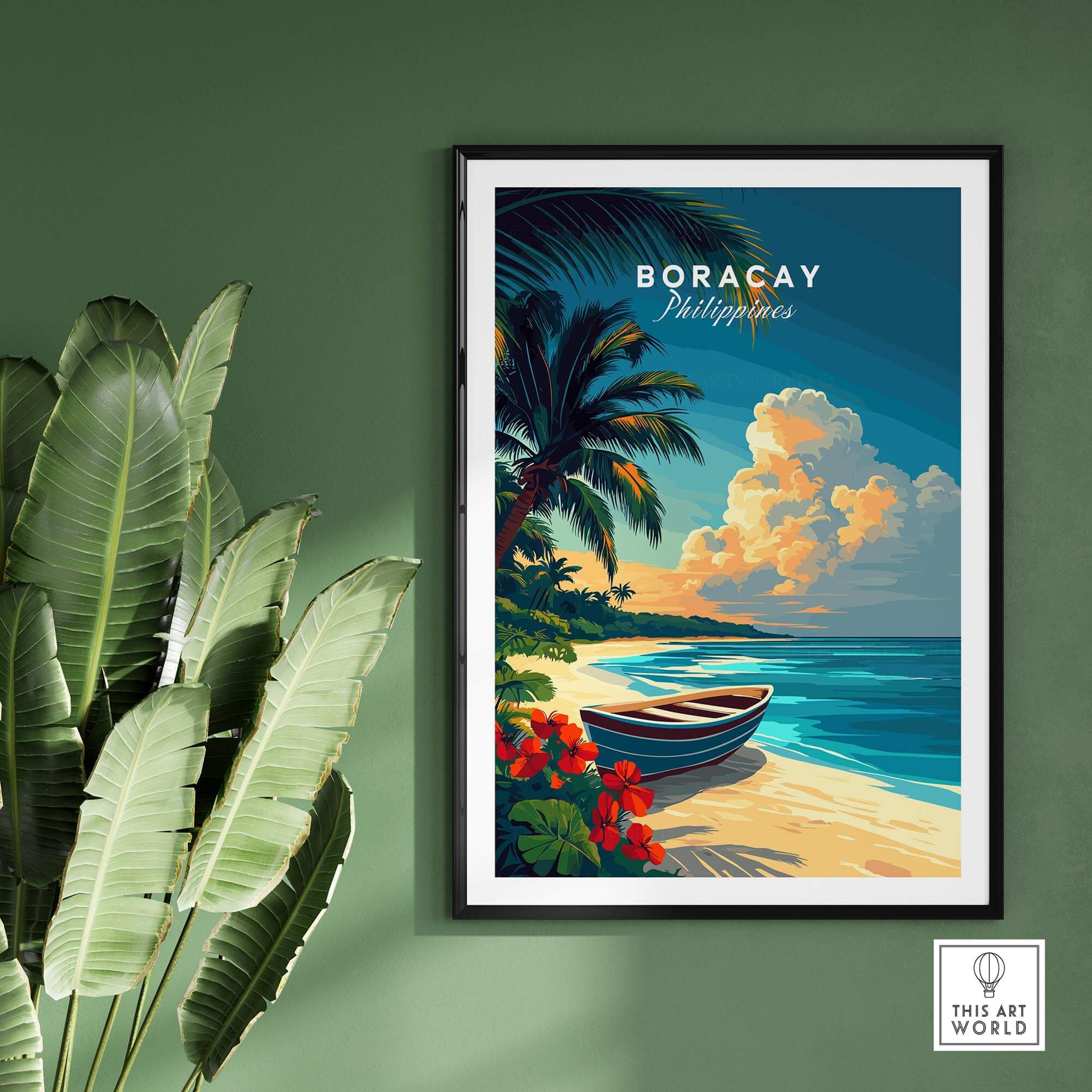 Boracay Print featuring the tropical beach scene of Boracay Island in the Philippines with palm trees and vibrant colors.