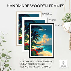 Boracay Print in handmade wooden frames, featuring natural, white, and black options, ideal for wall art display.