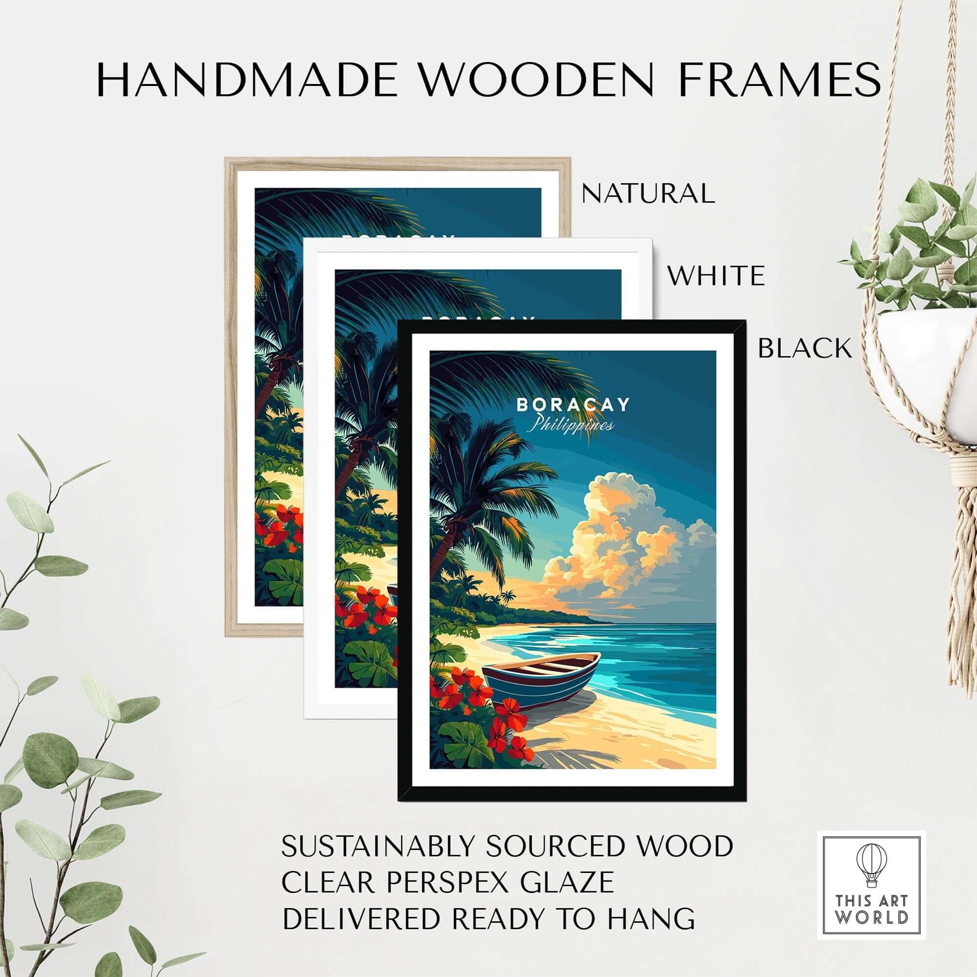 Boracay Print in handmade wooden frames, featuring natural, white, and black options, ideal for wall art display.