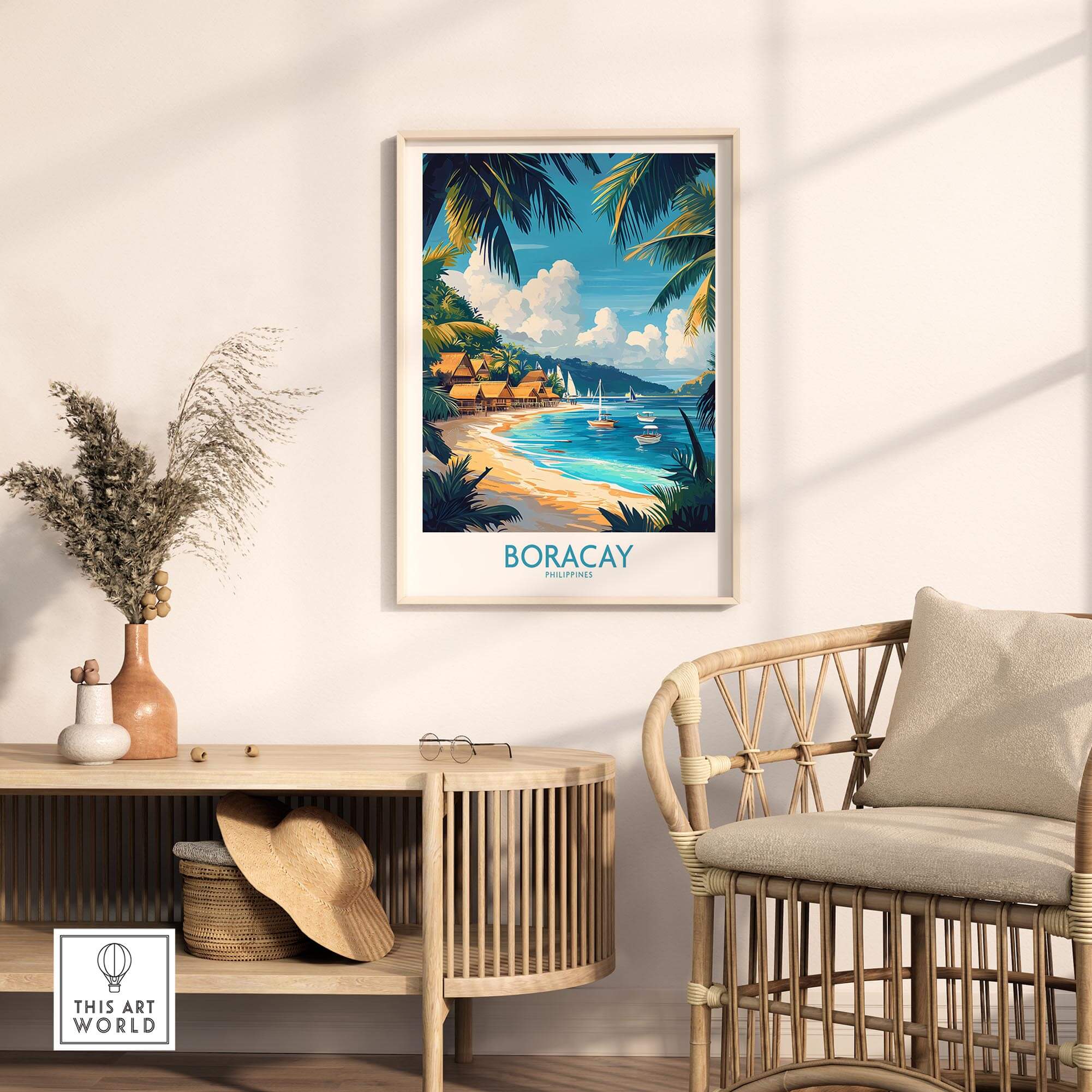 Boracay Print Philippines showcasing a vibrant beach scene with palm trees and boats, perfect for tropical home decor.