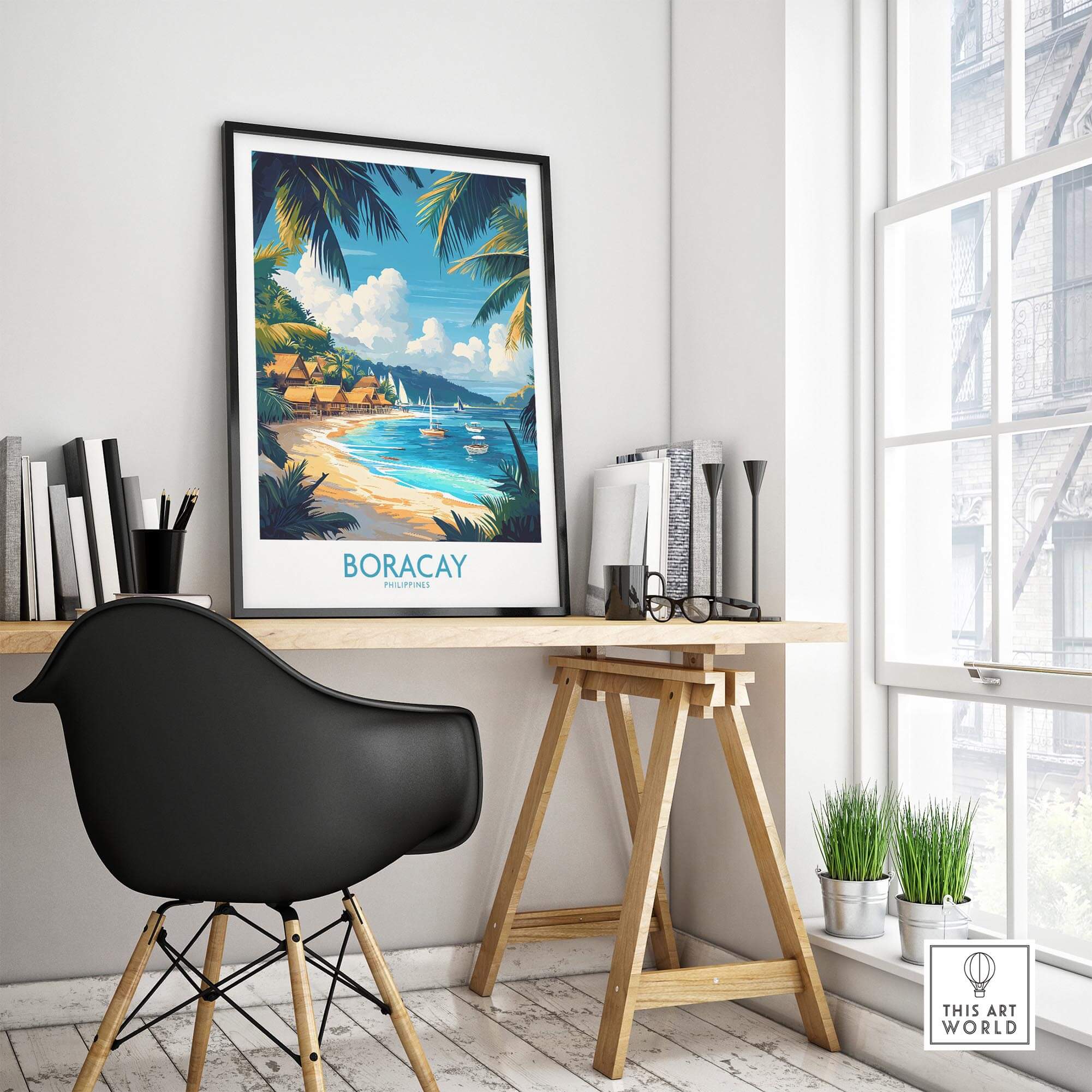 Boracay Print Philippines vibrant tropical landscape poster displayed in a modern office setting with a stylish chair.