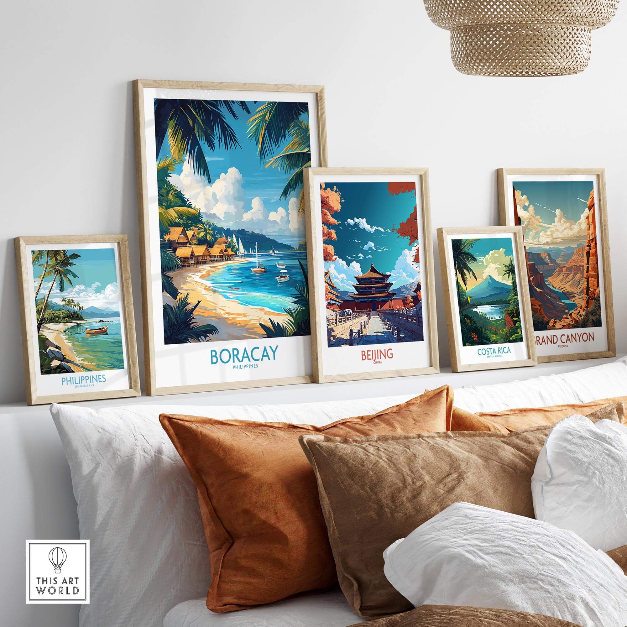 Boracay Print Philippines tropical travel posters displayed in a chic living room setting.