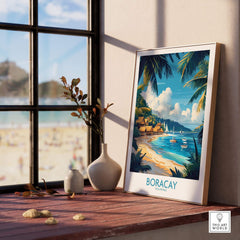 Boracay Print Philippines featuring a tropical beach scene with boats, framed and displayed by a window.
