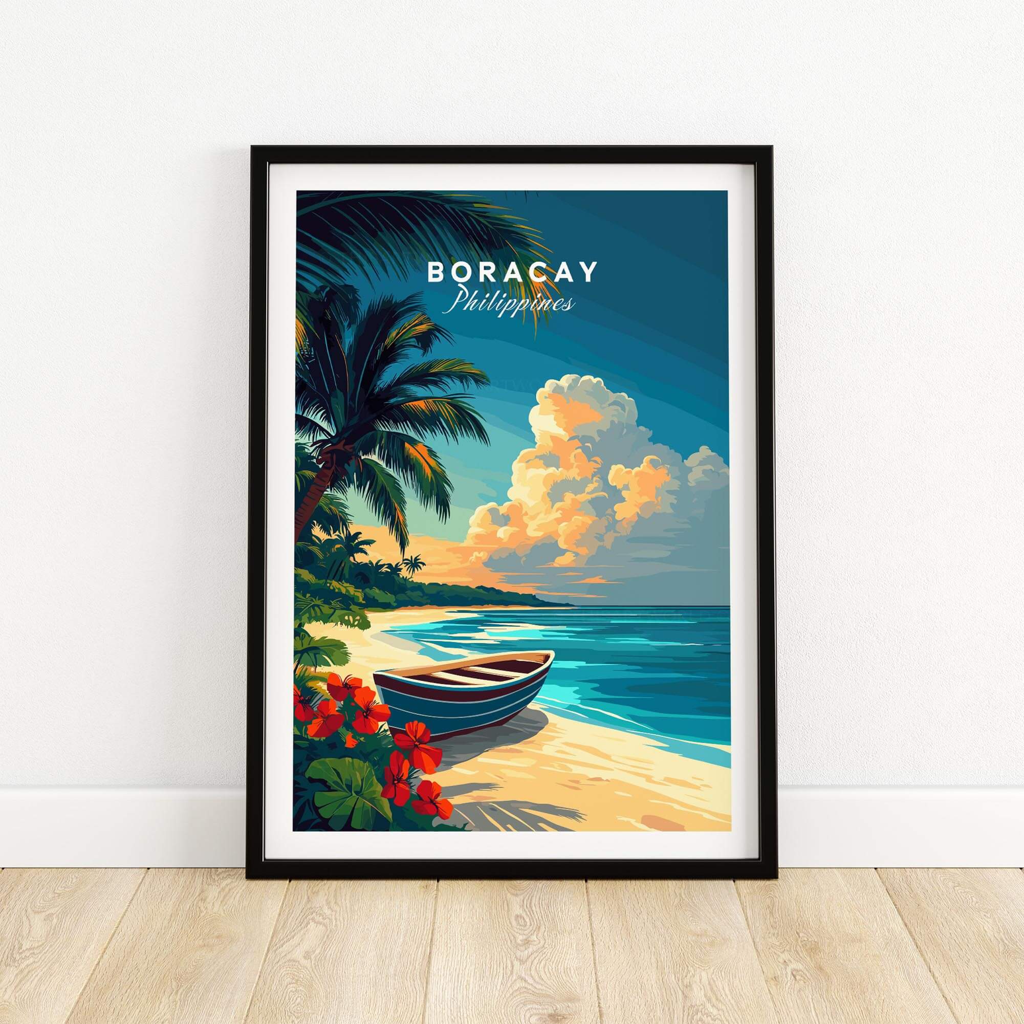 Boracay Print featuring stunning beach scenery of Boracay Island, Philippines, with palm trees and a boat.