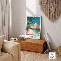 Boracay Travel Poster showcasing tropical beach scene with palm trees and vibrant colors in home decor setting.