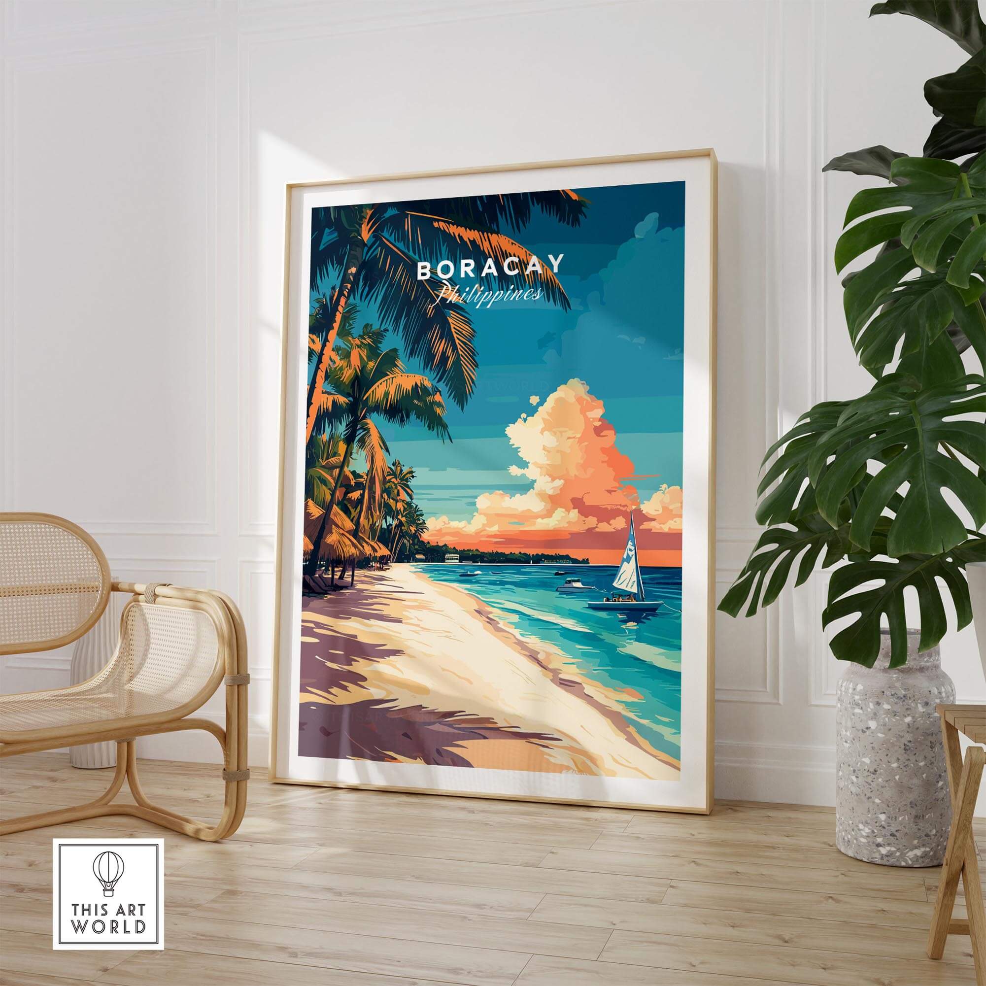 Boracay Travel Print showcasing a vibrant beach scene with palm trees and a sailboat in the Philippines.