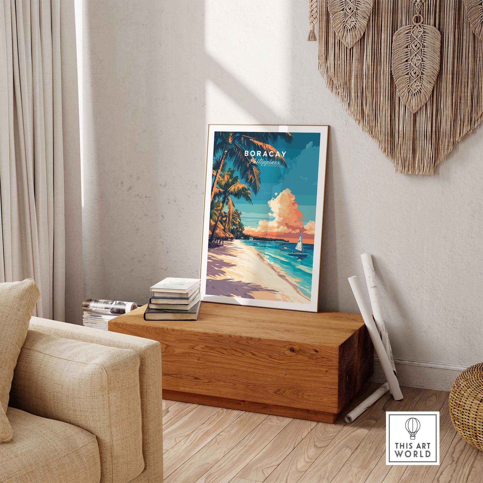 Vibrant Boracay Travel Print poster showcasing a tropical beach scene in a stylish living room.