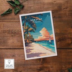 Boracay Travel Print featuring a serene beach scene with palm trees and a sailboat in vibrant colors.