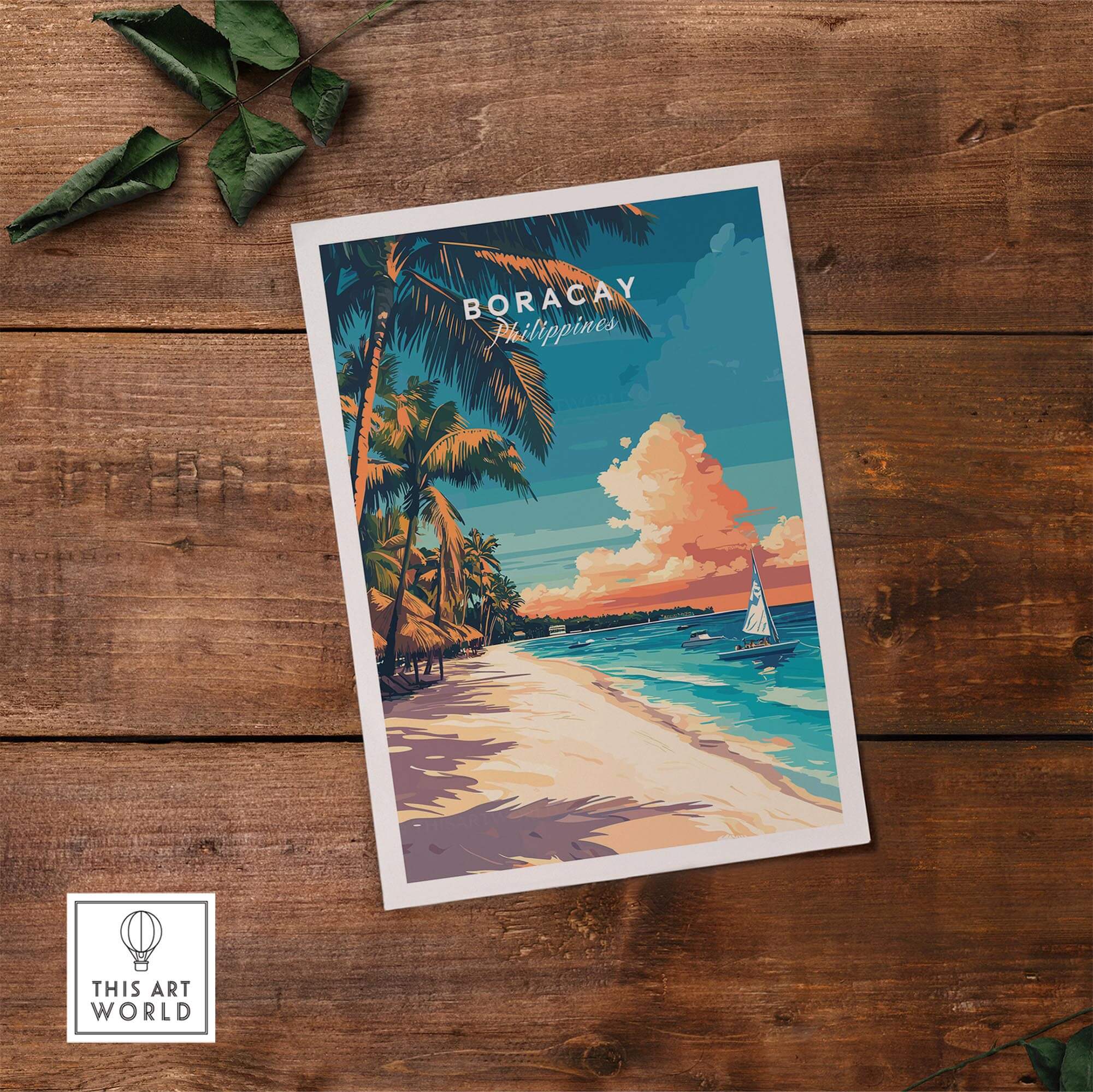 Boracay Travel Print featuring a serene beach scene with palm trees and a sailboat in vibrant colors.