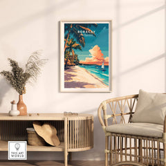 Boracay Travel Print showcasing a vibrant beach scene with palm trees and a sailboat, perfect for home decor.