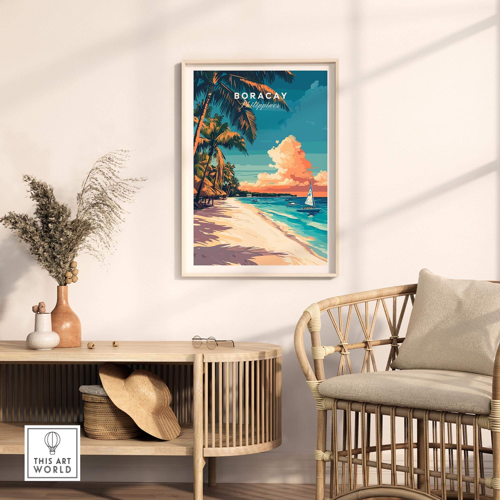 Boracay Travel Print showcasing a vibrant beach scene with palm trees and a sailboat, perfect for home decor.
