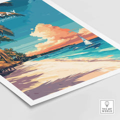 Boracay Travel Print featuring a vibrant beach scene with a sailboat and palm trees in the Philippines.
